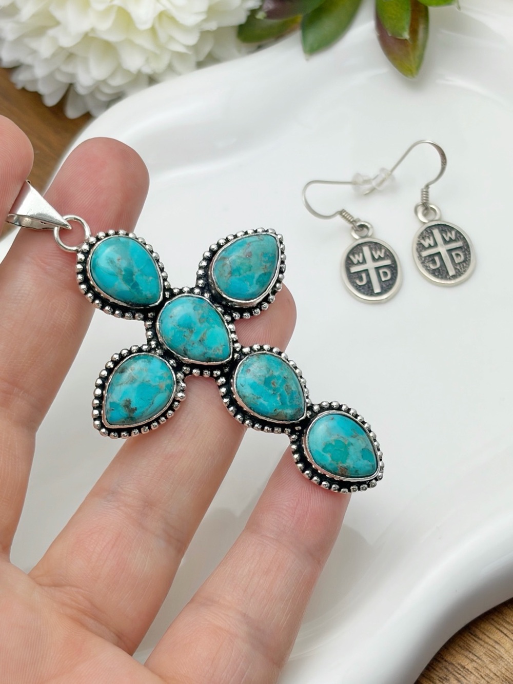 Jewelry Set Big Turquoise Cross Cluster Pendant and Vintage Cross Earrings 925